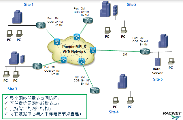 太平洋电信MPLS VPN 组网方案拓扑图